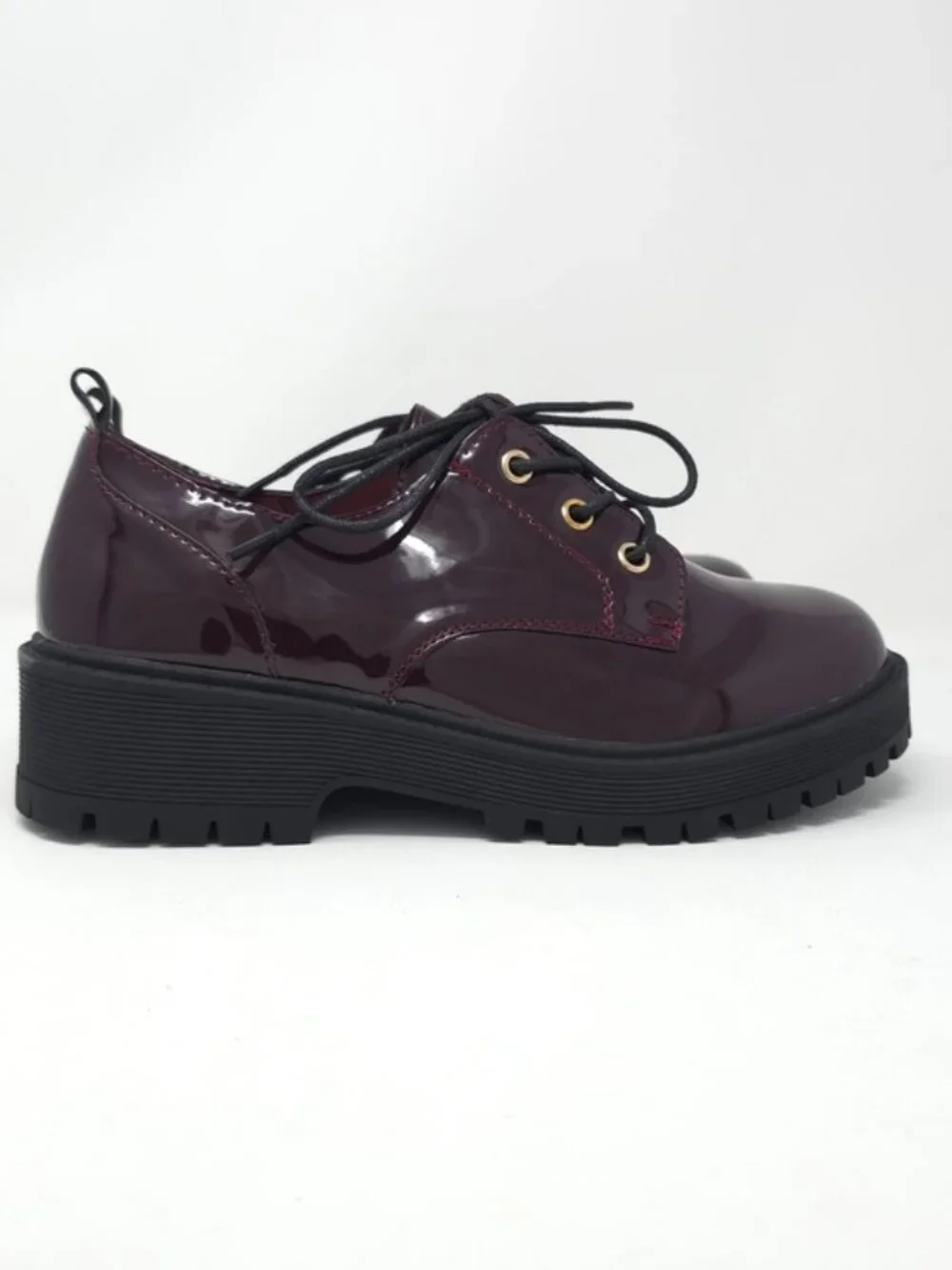 Chunky Platform Faux Leather Oxford Patent Wine Lug Sole Lace Up - Picture 4 of 11